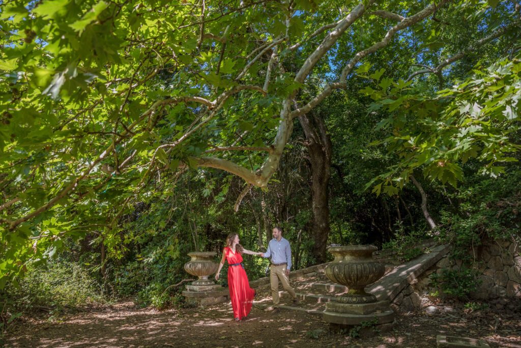 Couple engagement session romantic garden historic Tatoi estate Athens Greece pre-wedding photography Day One